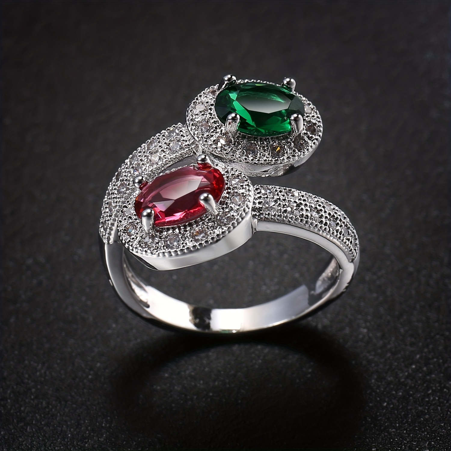 Boho Unisex Wedding Proposal Ring Red & Green Zircon Copper Band